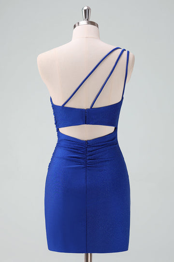 Vestido de fiesta corto fruncido con un solo hombro en color azul real
